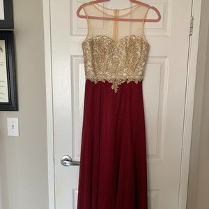 MisShow Sheer Neck Rhinestone Gold Lace Long Formal Evening Gown